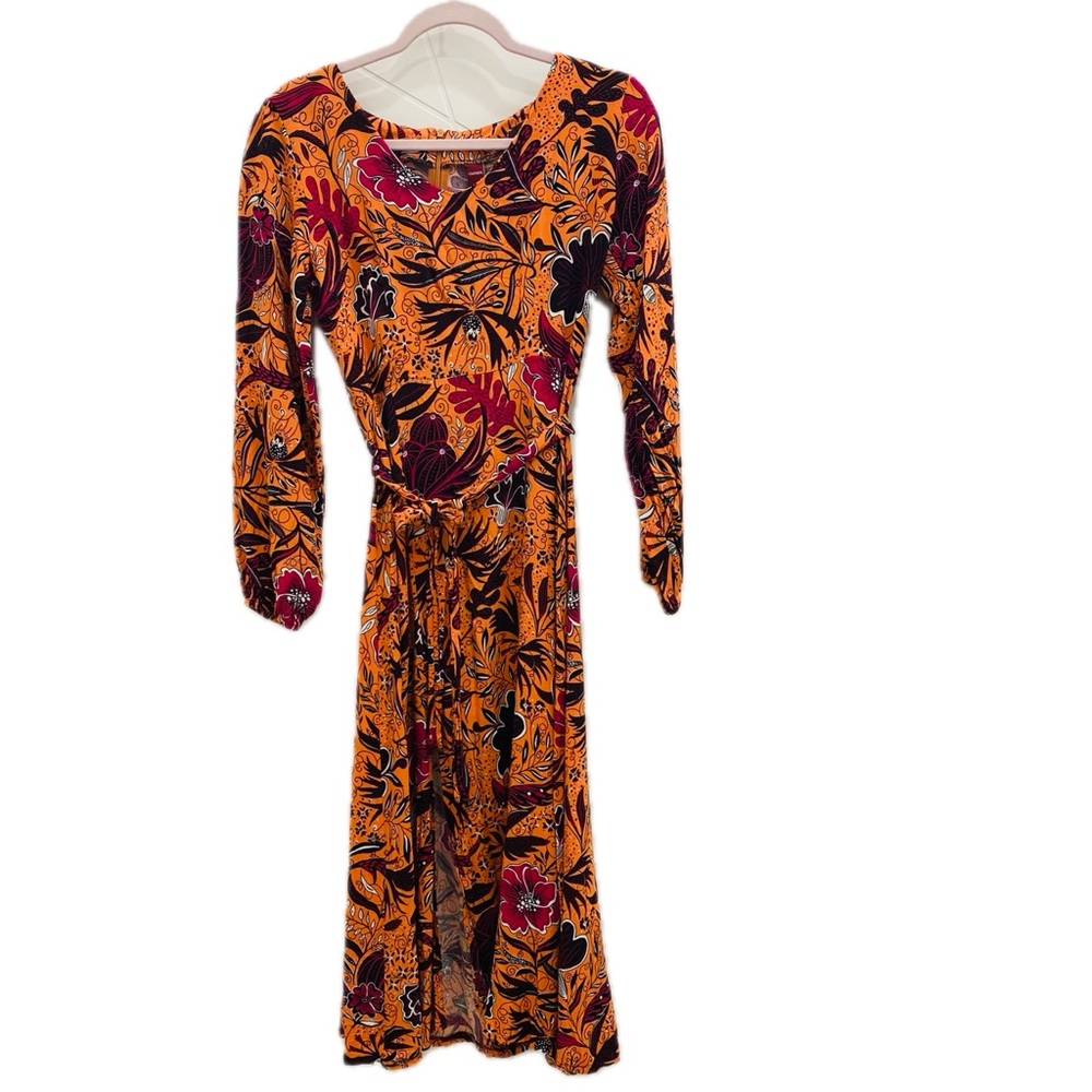 Long Sleeve Floral Maxi Dress in Orange and Burgundy